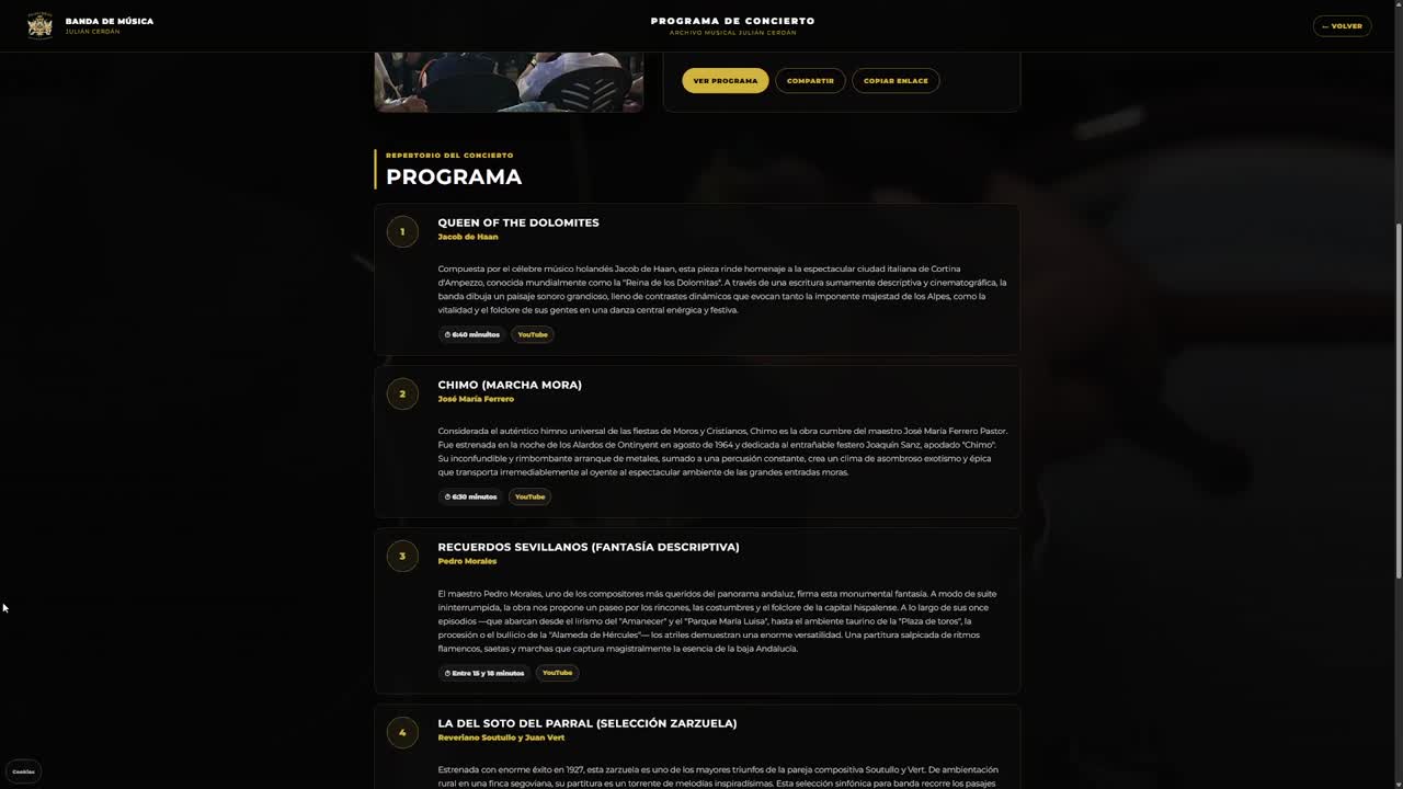Programa digital del concierto con sus obras y opciones para compartir