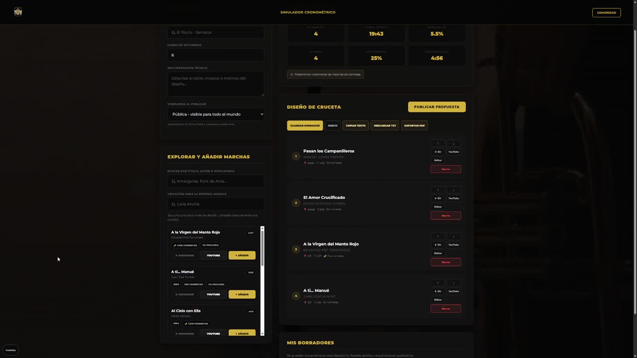 Creador de repertorios con selección de marchas y exportación a PDF