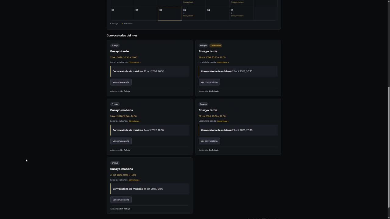 Portal privado del músico con información de actuaciones y convocatorias